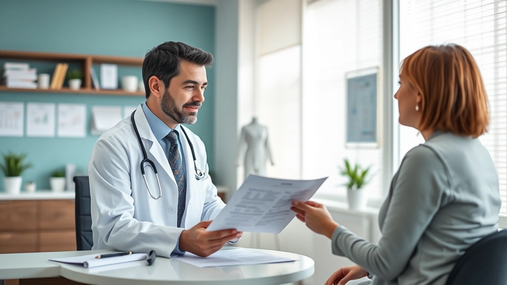 Doctor reviewing immunotherapy treatment plan with patient in bright, modern allergy clinic office with consultation desk and medical charts