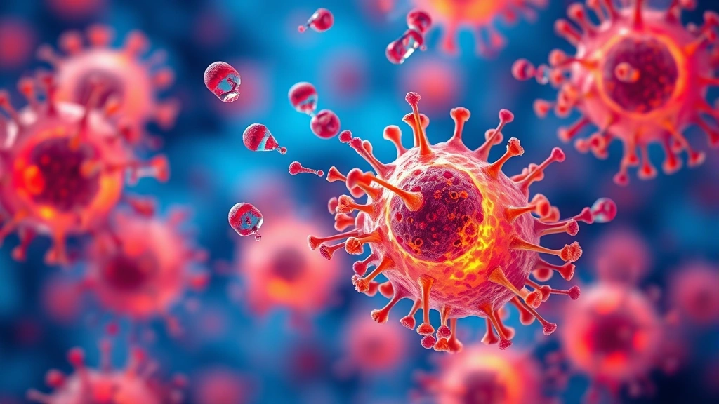 Microscopic view of mast cells releasing histamine during allergic reaction, vibrant scientific visualization, blue and orange tones, detailed cellular structures