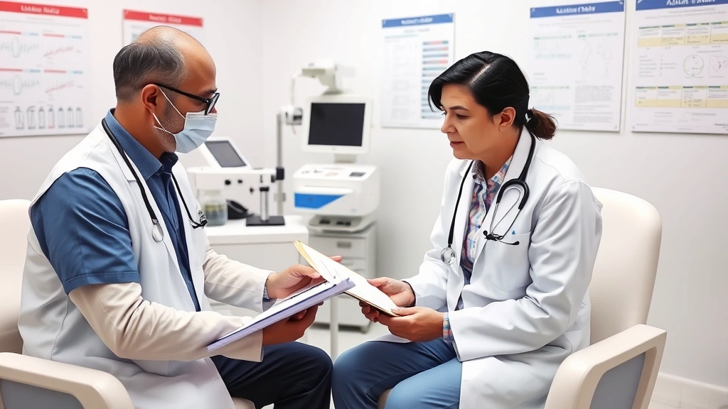 Medical consultation room with allergist reviewing test results on clipboard with patient, modern healthcare setting with allergy testing equipment and charts on walls in background