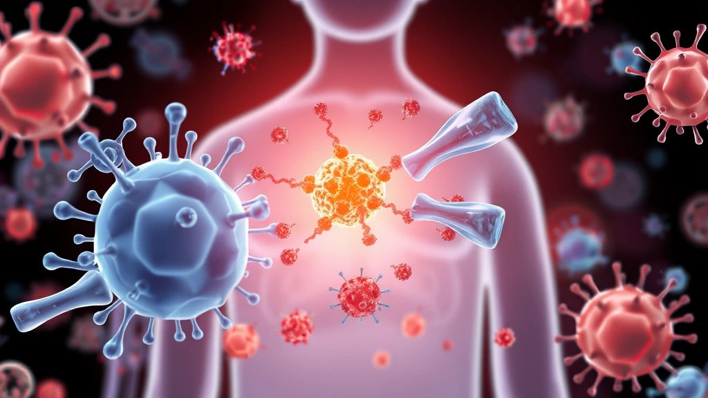 Conceptual medical illustration showing immune system cells and antibodies interacting with allergen particles at cellular level, representing biological mechanisms of allergic reactions in human body