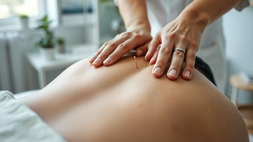 Close-up of acupuncturist's hands performing acupressure on patient's back with blurred medical office background, professional healthcare setting