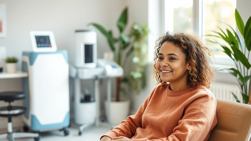 Diverse patient sitting in modern clinic with allergy testing equipment visible, calm expression, natural lighting through windows, wellness environment