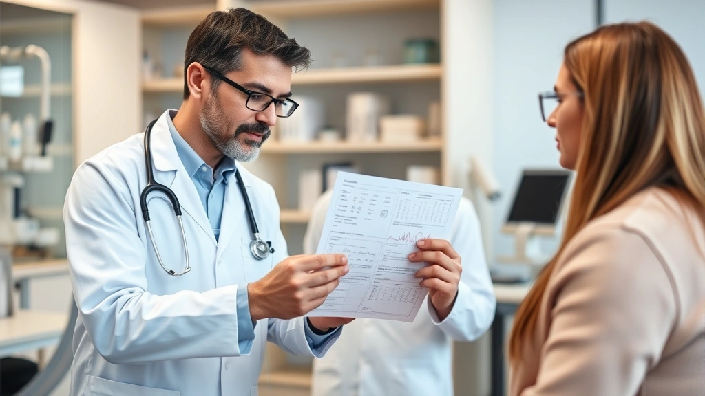 Medical professional reviewing allergy test results with patient, showing charts and diagnostic data, clinical laboratory setting with contemporary design