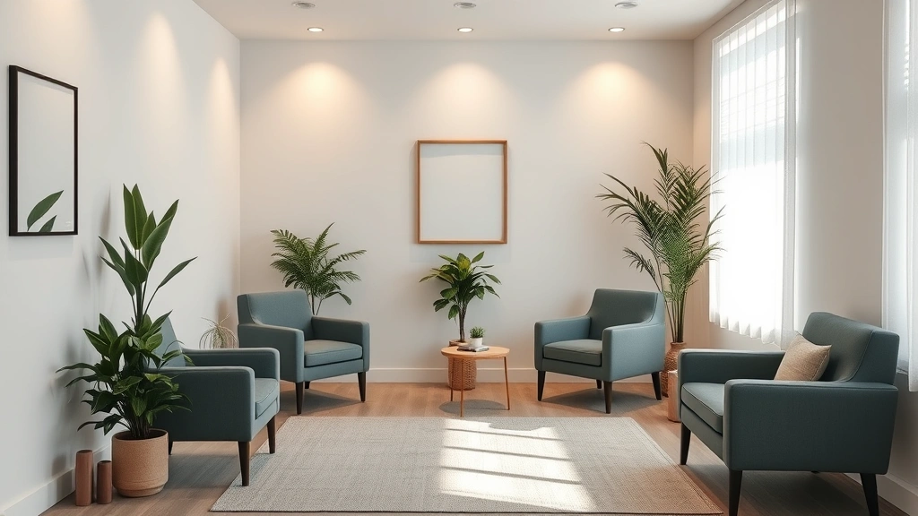 Serene therapy office with neutral tones, comfortable seating, professional environment, soft lighting, plants, no people visible, minimalist design emphasizing safety and professionalism