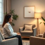 Professional psychologist in modern therapy office with comfortable seating and warm lighting, creating safe therapeutic environment without any clothing visible in scene, neutral calming colors