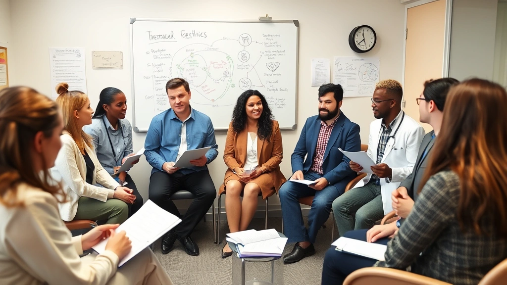 Diverse group of mental health professionals in clinical setting reviewing research papers and discussing ethics, collaborative atmosphere, clinical whiteboard with therapeutic concepts, warm professional environment