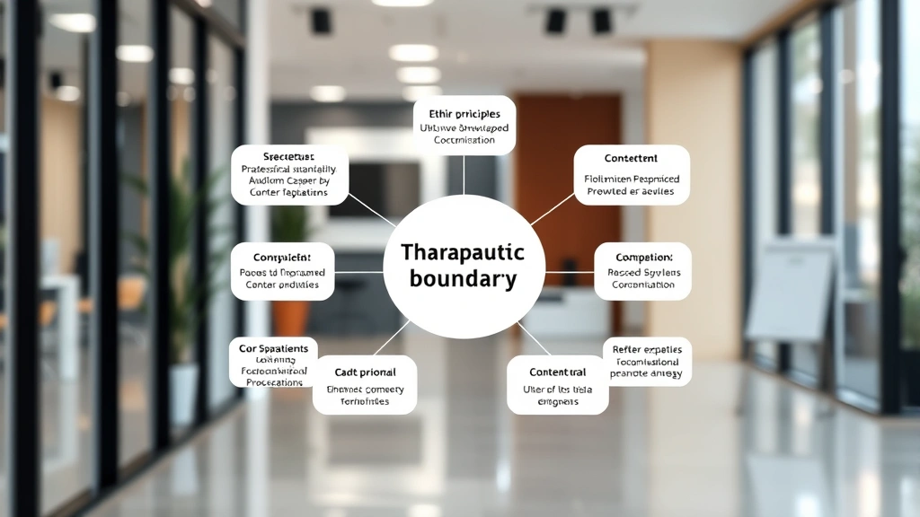 Close-up of therapeutic boundary framework diagram with interconnected ethical principles, professional standards documentation, consent forms, safety protocols displayed in modern office setting