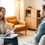 A compassionate female therapist with clipboard sitting across from a male client in a warm, naturally-lit therapy office with comfortable seating and soft lighting, both appearing engaged in conversation