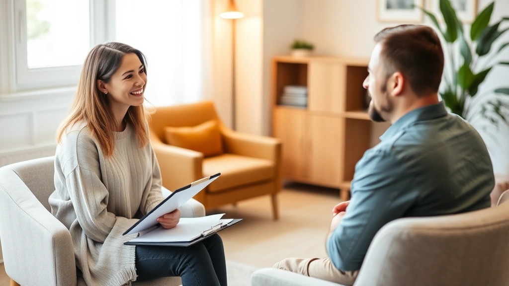 A compassionate female therapist with clipboard sitting across from a male client in a warm, naturally-lit therapy office with comfortable seating and soft lighting, both appearing engaged in conversation