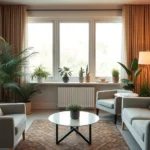 Calm therapist's office with comfortable seating, warm lighting, and peaceful plants, representing safe therapeutic environment for mental health treatment