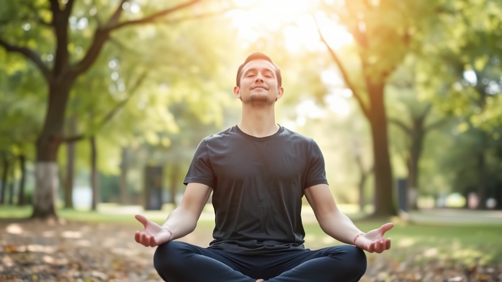A calm individual practicing meditation or deep breathing exercises outdoors in a peaceful park setting with trees and natural light, showing emotional wellness and stress management