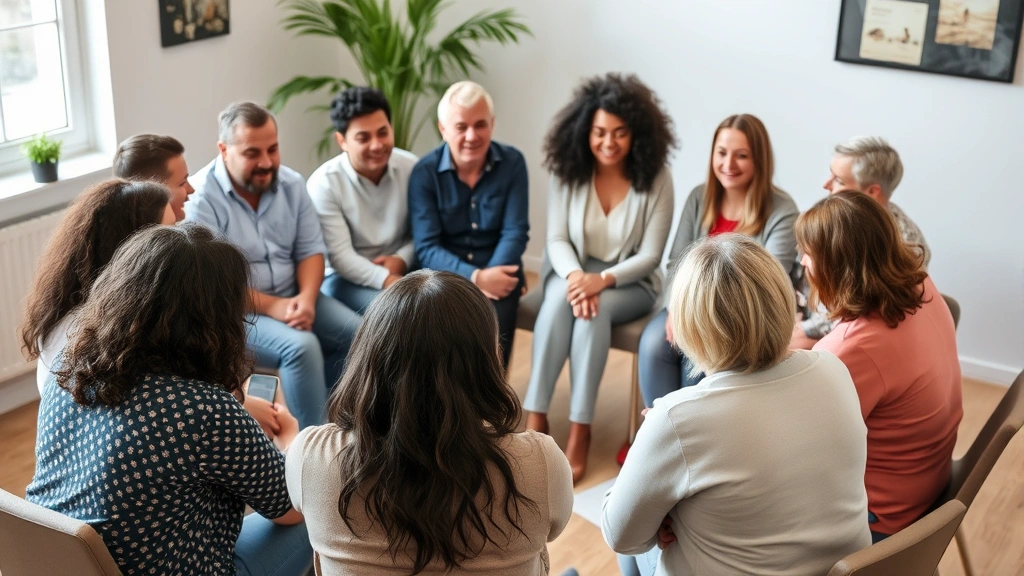 Support group circle of diverse individuals in discussion, showing community connection and peer support for mental health recovery journeys