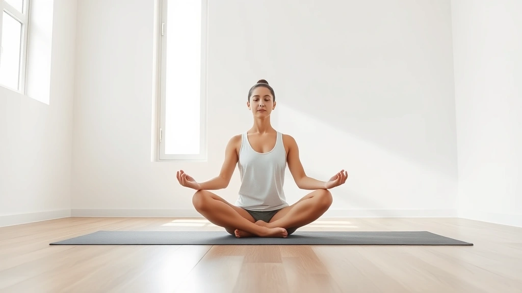 Person sitting in peaceful meditation pose on yoga mat in bright, minimalist room with natural window light, calm serene expression, photorealistic, zen wellness atmosphere