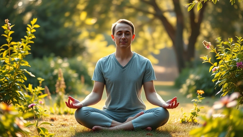 Person sitting in lotus position meditating peacefully outdoors in a serene garden with soft natural lighting, surrounded by green plants and flowers, morning sunlight filtering through trees, calm expression, completely photorealistic