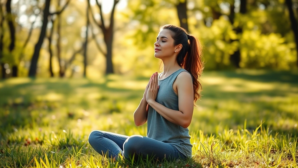 Woman practicing mindful breathing outdoors in nature setting, sitting peacefully on grass with trees and sunlight, demonstrating present-moment awareness and calm