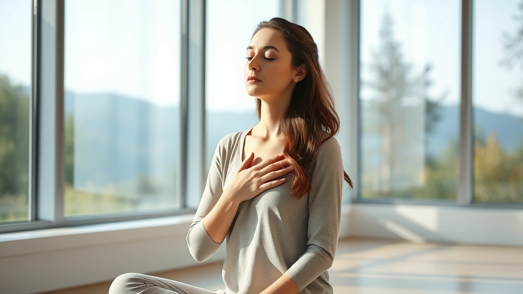 Woman practicing mindful breathing in modern minimalist room with large windows overlooking nature, natural light streaming in, peaceful expression, hand on chest, sitting comfortably, photorealistic contemporary setting