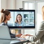 Professional woman video calling with therapist on laptop in bright modern home office, natural lighting through windows, peaceful expression, digital health interface visible on screen