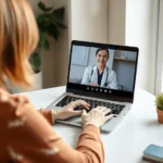 Person sitting at home desk during video therapy session with therapist on screen, natural lighting from window, calm professional environment, laptop showing secure video call interface
