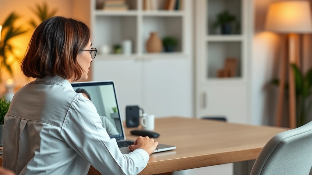 Person sitting at home desk with laptop video call screen showing therapist, warm lighting, professional setting, calming environment, digital connection visual