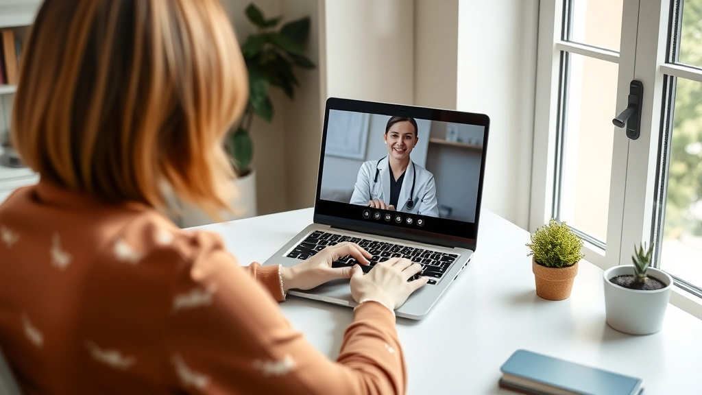 Person sitting at home desk during video therapy session with therapist on screen, natural lighting from window, calm professional environment, laptop showing secure video call interface