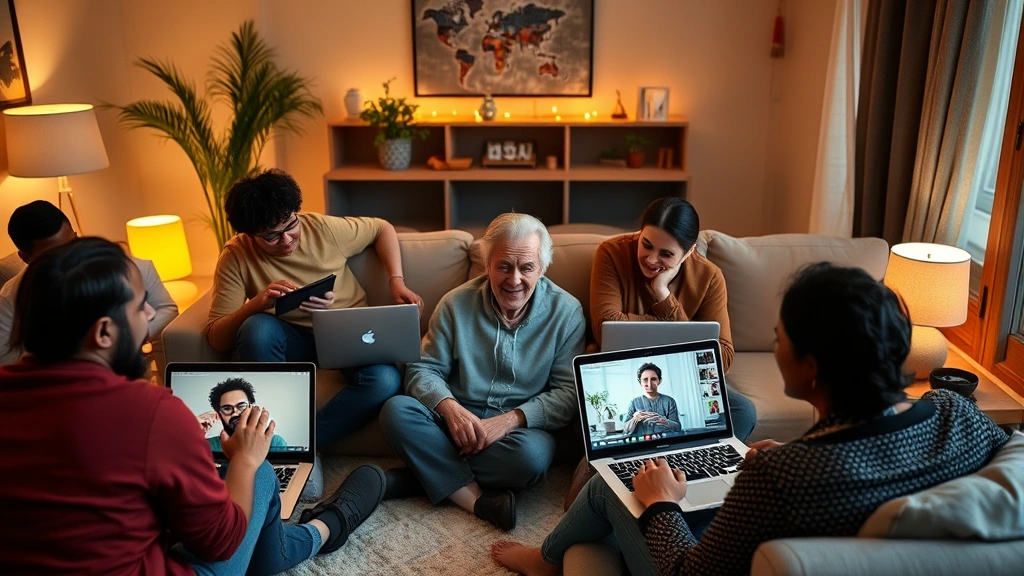 Diverse group of people in comfortable home settings with laptops showing virtual therapy sessions, warm ambient lighting, relaxed body language, technology connecting them