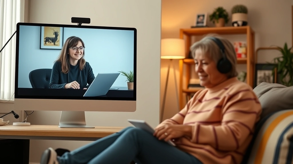 Split screen showing therapist in office on one side and patient at home on other side during video session, synchronized moment of connection, warm tones