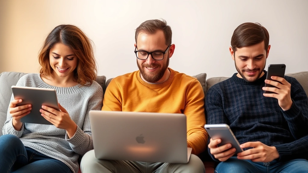Diverse group of people using various devices for online mental health support - woman on tablet, man on laptop, person on phone - representing accessibility and convenience of teletherapy