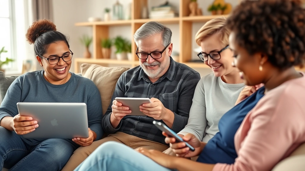 Diverse group of people using virtual therapy platforms on various devices - tablet, laptop, phone - in comfortable home settings, representing accessibility and inclusivity
