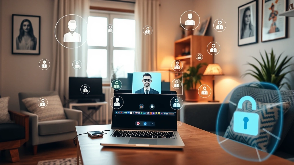 Therapist's office transformed into home-based telehealth setup with laptop, secure encrypted connection visualization, digital security elements, professional yet comfortable home setting