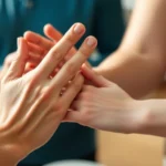 Close-up of a patient's hands performing careful therapeutic movement exercises with a physical therapist guiding their wrist, soft natural lighting, demonstrating mindful body awareness during neurological rehabilitation