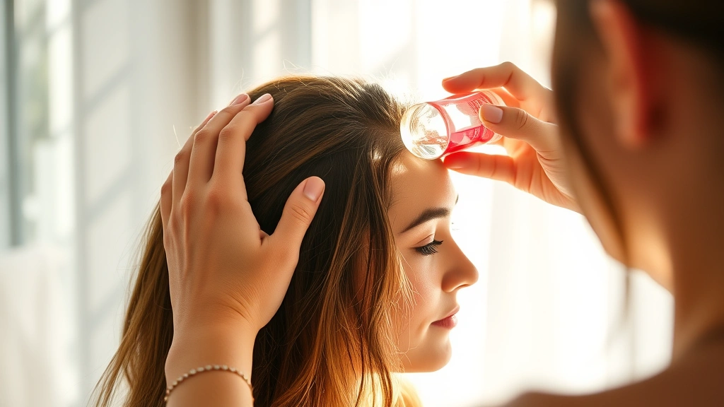 Professional woman applying transparent leave-in hair therapy product to damp scalp with fingertips, morning sunlight streaming through bathroom window, serene spa-like atmosphere, close-up of scalp application technique