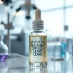 Close-up of transparent leave-in treatment serum in professional laboratory setting with scientific equipment and glass containers, photorealistic, cool lighting, professional aesthetic