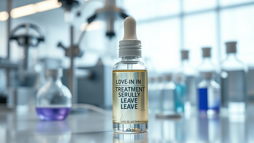 Close-up of transparent leave-in treatment serum in professional laboratory setting with scientific equipment and glass containers, photorealistic, cool lighting, professional aesthetic