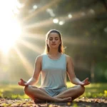 Person meditating in peaceful natural setting with soft sunlight filtering through trees, serene facial expression, sitting cross-legged on ground, photorealistic