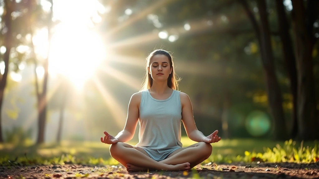 Person meditating in peaceful natural setting with soft sunlight filtering through trees, serene facial expression, sitting cross-legged on ground, photorealistic