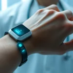 Futuristic wearable neurotech device on human wrist, glowing soft blue-green sensors, minimalist design, photorealistic, clinical setting background, no screen text visible