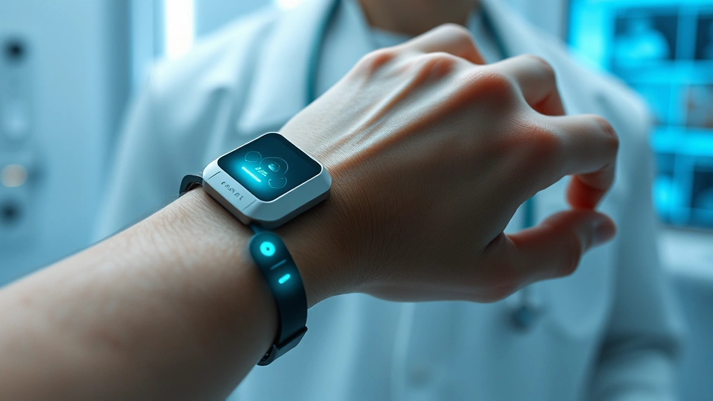 Futuristic wearable neurotech device on human wrist, glowing soft blue-green sensors, minimalist design, photorealistic, clinical setting background, no screen text visible