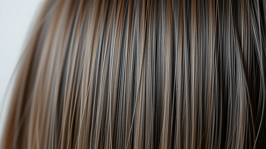 Close-up of silky, healthy hair strands with glossy shine against neutral background, showcasing texture and vitality after professional treatment