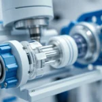 Close-up of advanced medical treatment delivery device with blue and white components, showing precision engineering and modern therapeutic technology in a clinical laboratory setting, photorealistic