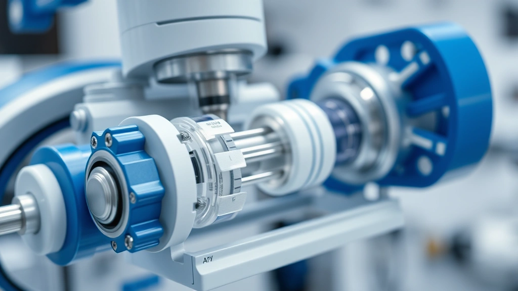 Close-up of advanced medical treatment delivery device with blue and white components, showing precision engineering and modern therapeutic technology in a clinical laboratory setting, photorealistic