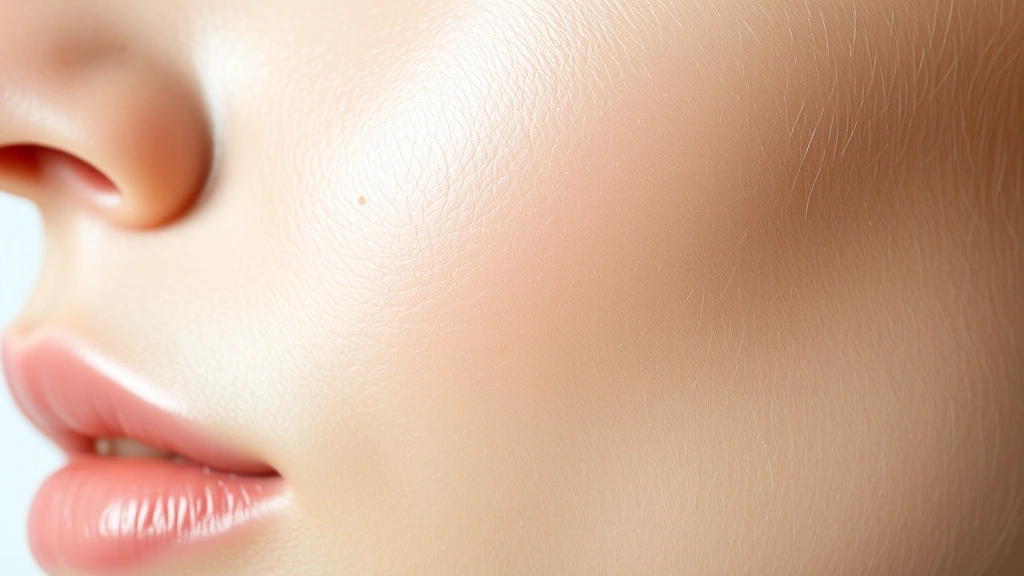 Close-up of clear, radiant skin texture with subtle light reflection showing healthy skin barrier, professional skincare application, minimalist white background, photorealistic quality