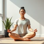 Person in peaceful meditation pose sitting cross-legged in natural light from window, serene expression, minimalist modern room with plants, photorealistic, calm peaceful atmosphere