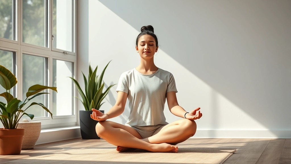 Person in peaceful meditation pose sitting cross-legged in natural light from window, serene expression, minimalist modern room with plants, photorealistic, calm peaceful atmosphere