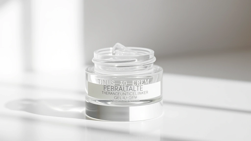 Close-up of a transparent gel-like therapeutic product in a minimalist glass container on a clean white surface, with soft natural lighting highlighting the product's clarity and professional presentation, modern dermatology aesthetic