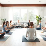 Diverse group of people meditating peacefully in bright, modern living rooms with natural light, representing daily mindfulness practice as mental health self-care