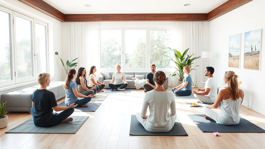 Diverse group of people meditating peacefully in bright, modern living rooms with natural light, representing daily mindfulness practice as mental health self-care