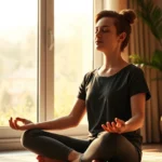 Person sitting in peaceful meditation pose with soft natural light coming through window, eyes closed in serene mindfulness practice, botanical plants visible, warm golden hour lighting, photorealistic high-quality image