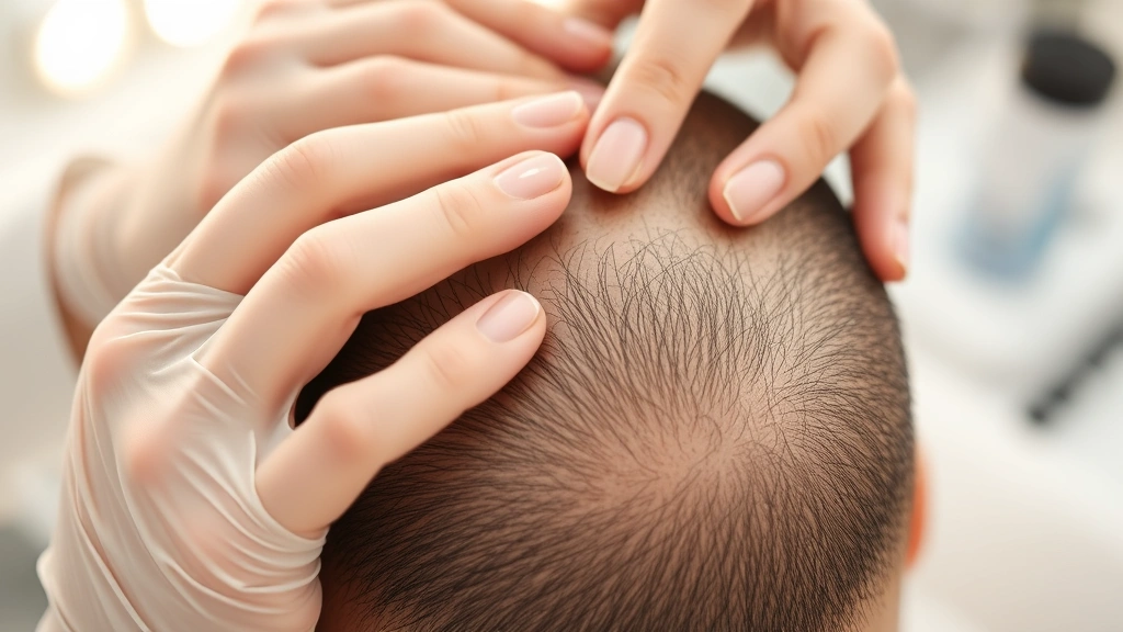 Close-up of scalp receiving professional therapeutic treatment with hands applying concentrated leave-in product, soft clinical lighting, modern dermatology setting, healthy scalp visible