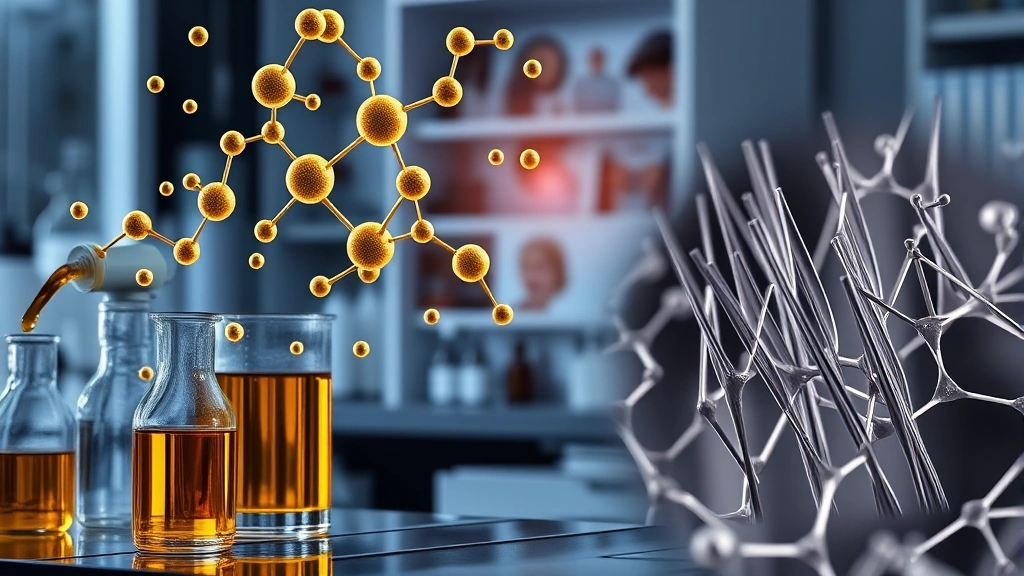 Scientific laboratory setting showing molecular structure visualization of peptide complexes and botanical extract formulations, beakers with golden therapeutic liquid, microscopic view of healthy hair follicles, professional research environment