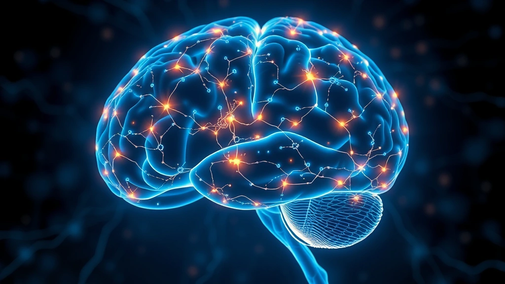 Brain visualization with glowing neural pathways and connections, representing neuroplasticity and mindfulness effects on brain structure, scientific illustration style